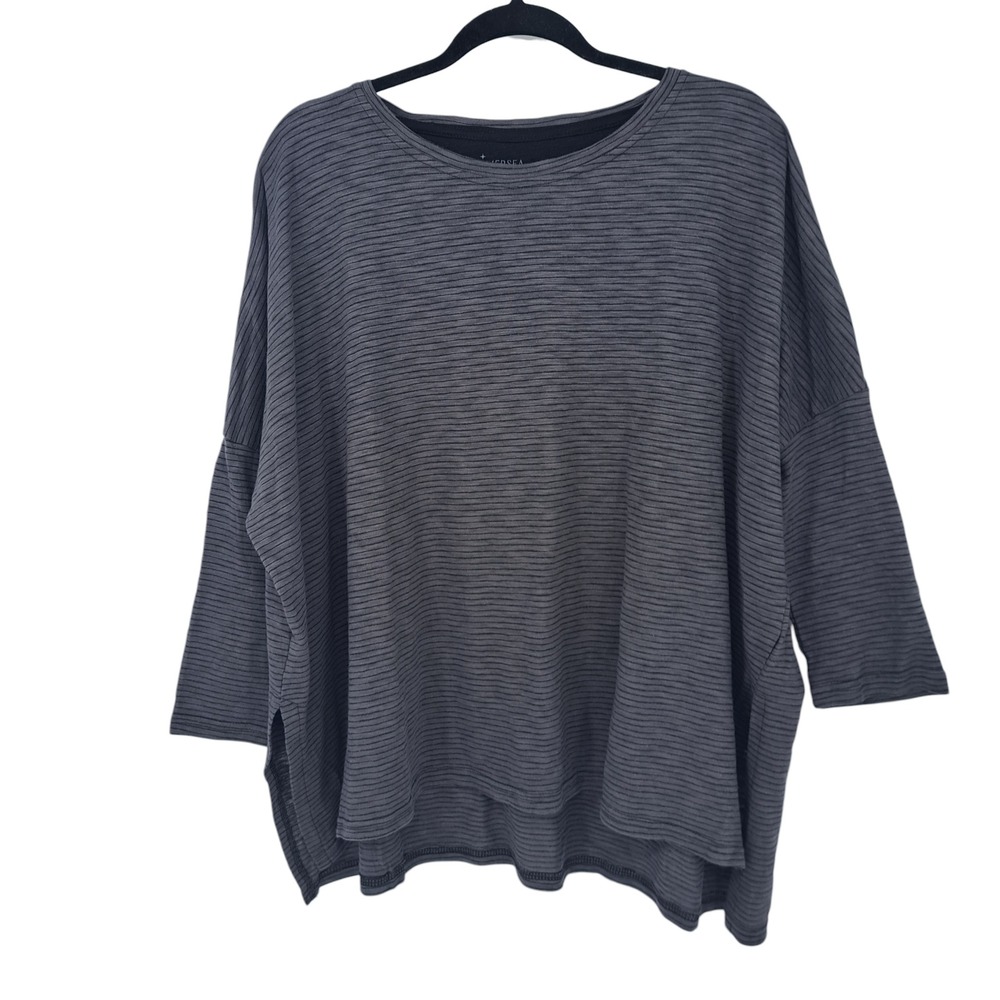 Mersea Womens Grey Striped Oversized Boxy Top One Size 3/4 Sleeve Side Slit